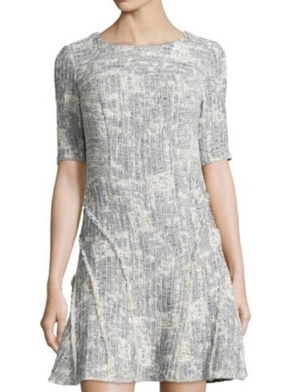 10 Crosby Derek Lam Fit and Flare Half Sleeve Structured Tweed Dress Grey 10